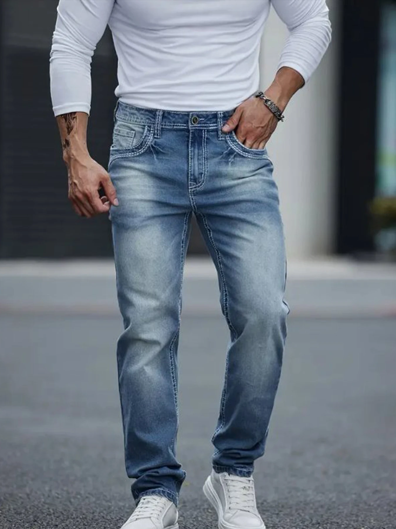 

Light-mature style men's business jeans, stretchy, slim-fit, straight-leg, versatile, comfortable, breathable men's trousers