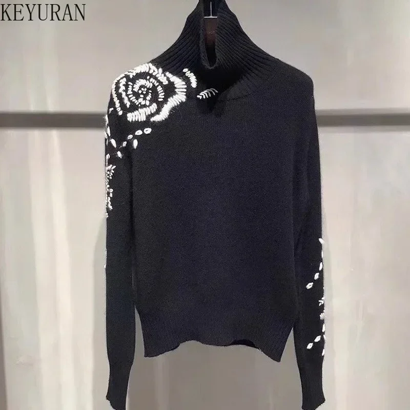 2024 Autumn Winter Turtleneck Sweater Pullover Women New Pull Femme Chic Rose Flower Embroidery Long Slevee Knitwear Tops Jumper