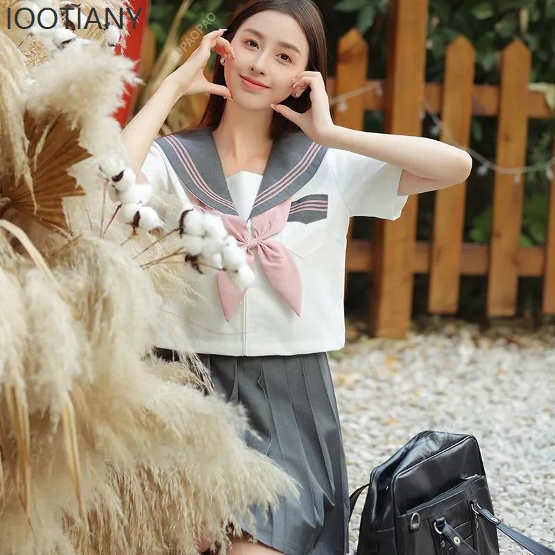 IOOTIANY Japanese Embroidery New Gray Jk Uniform Sailor Suit College Style Long Sleeve College Style Pleated Skirt Sweet Suit