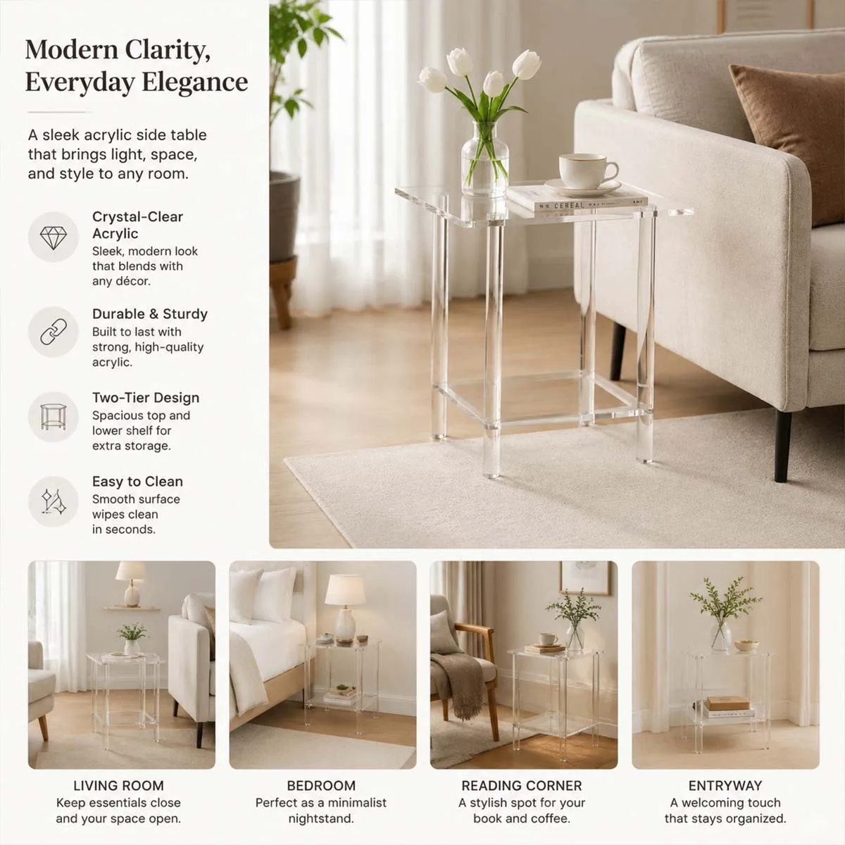 Acrylic end table and side table two-layer design, suitable for living room, bedroom, living room waterproof coffee