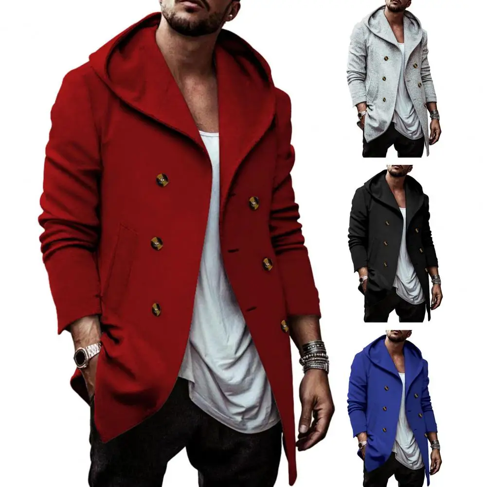 

Men Double-breasted Coat Stylish Men's Double-breasted Hooded Coat Mid Length Solid Color Soft Warm Cardigan for Fall/winter