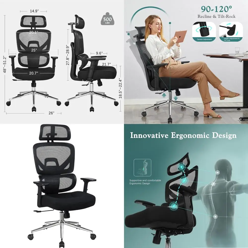 

Эргономичное офисное кресло с высокой спинкой и сетчатой обивкой для высоких и крупных людей, поворотное, с регулировкой наклона, 3D-подголовником, поясничной опорой, на колесиках, для офиса и дома, черное