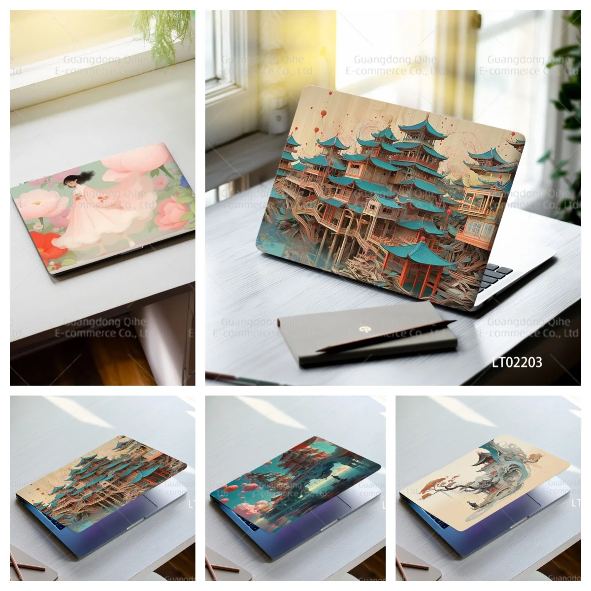 Oriental Building Art Laptop Stickers 2PCS Hand-Painted Chinese Pavilion & Temple Design Waterproof Decal for Ultrabook/Notebook
