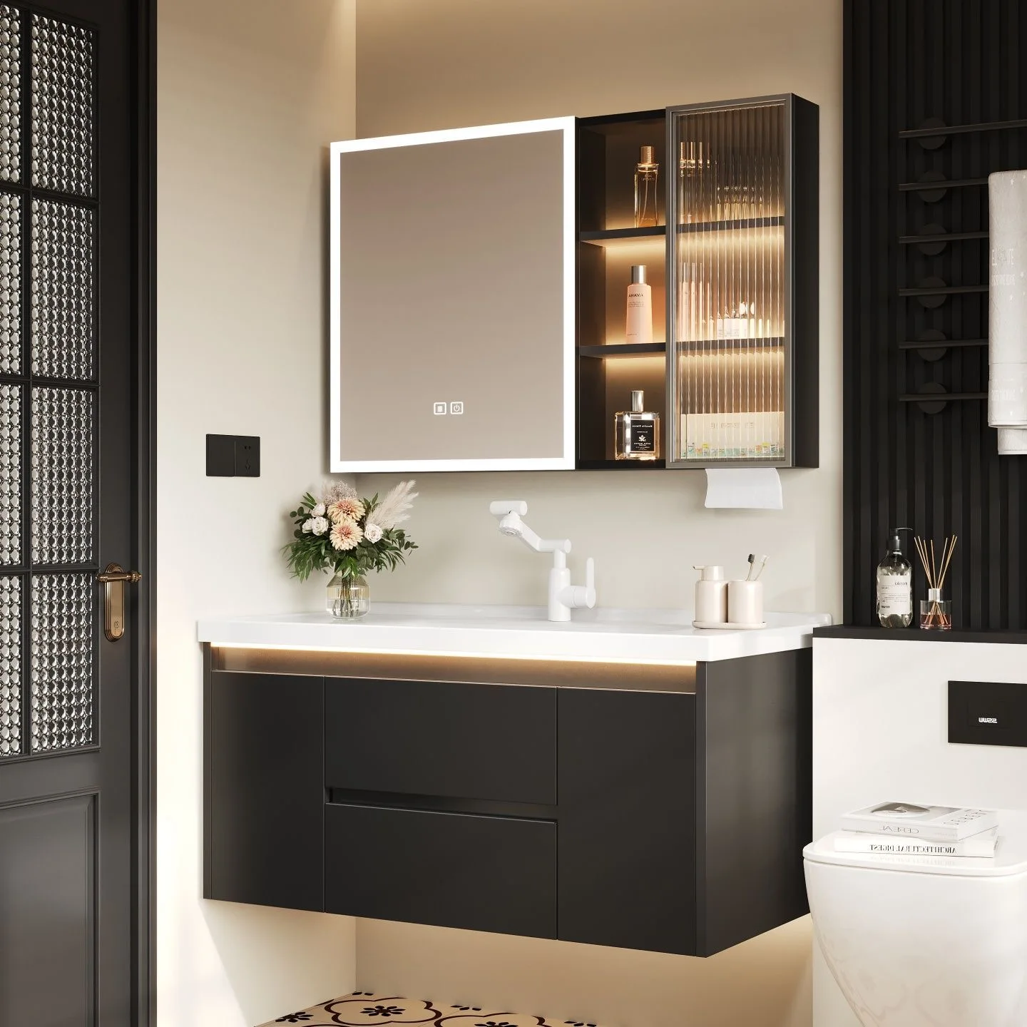 French Black Bathroom Cabinet with Drawers Toilet Aluminum Washstand Ceramic Integrated Cabinets Armadietto Hotel Furniture