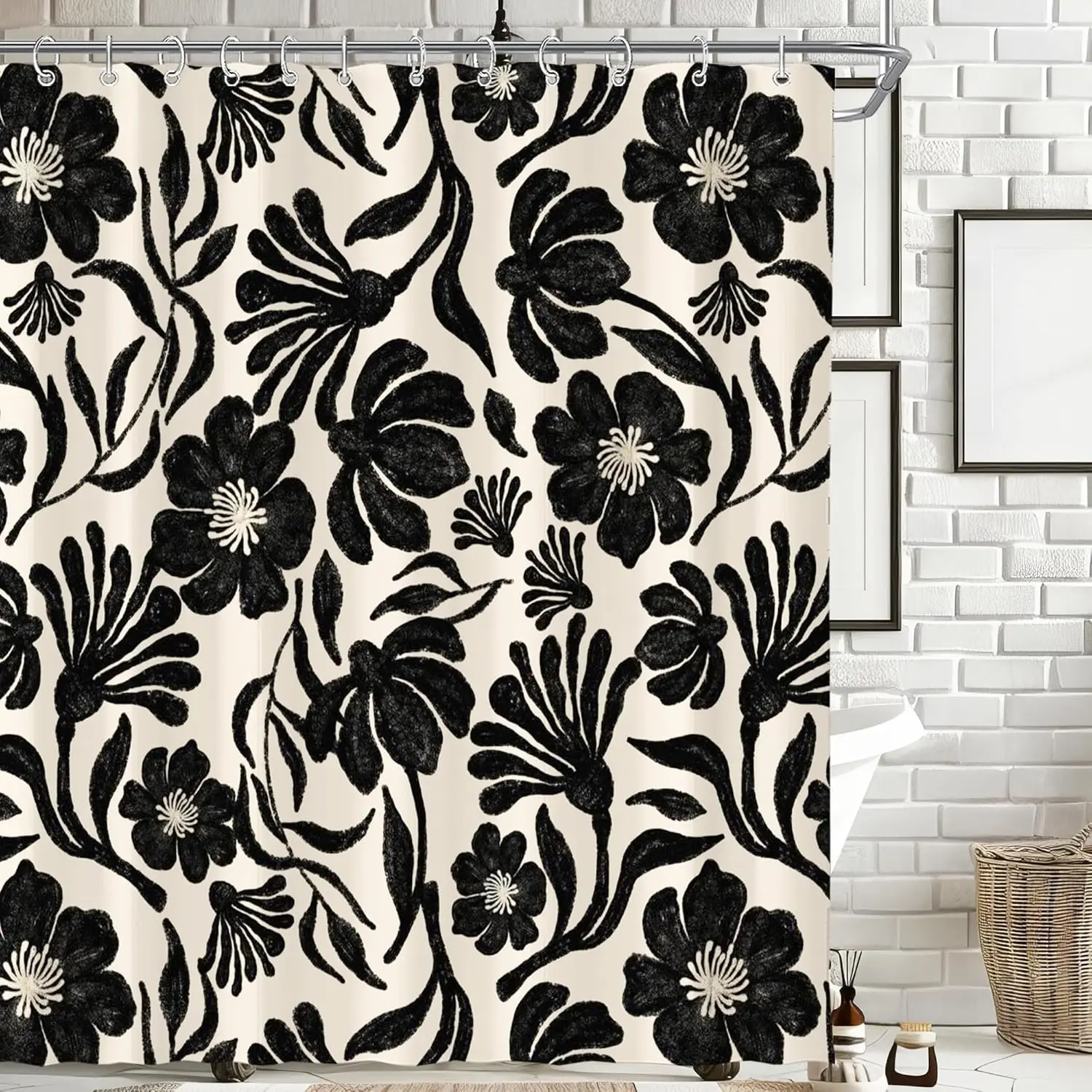 

Black White Floral Shower Curtain Bold Pattern Bathroom Decor Modern Art Design Botanical Style Elegant Look Bath Accessory
