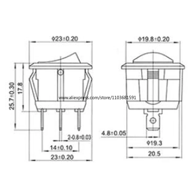 10Pcs 23mm Round Black 3 Pin 10A/125V 6A/250V AC 3 Position SPDT ON-OFF-ON Rocker Switch Snap-in