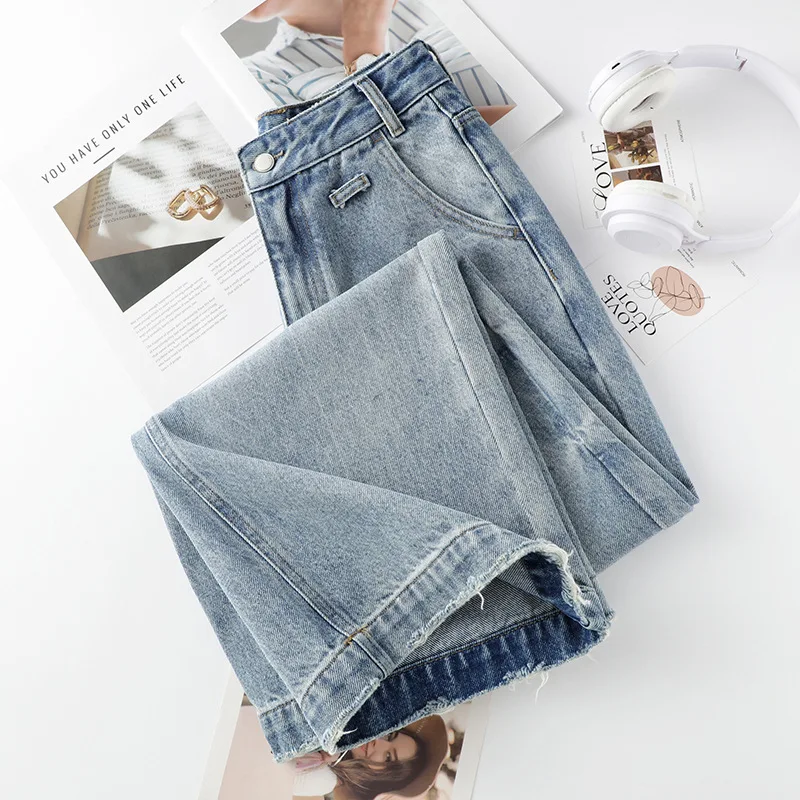 أزياء ضوء اللون واسعة الساق الجينز الخريف الساخن الأمريكية الرجعية عالية الخصر التخسيس فضفاض السراويل المستقيمة #3