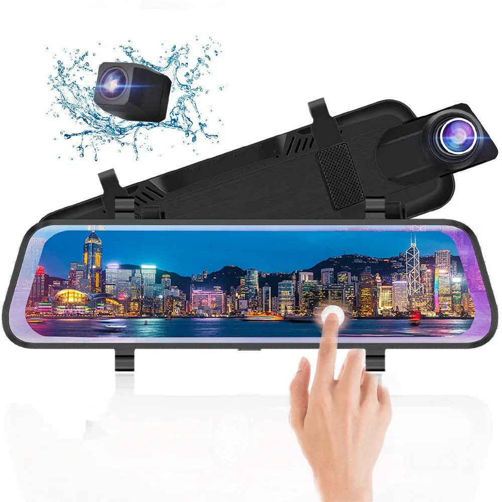 10 Inch Mirror Dash Cam Full Touch Screen, Backup Camera Stream Media 1080P 170  Front and 1080P 150  Wide Angle Full H