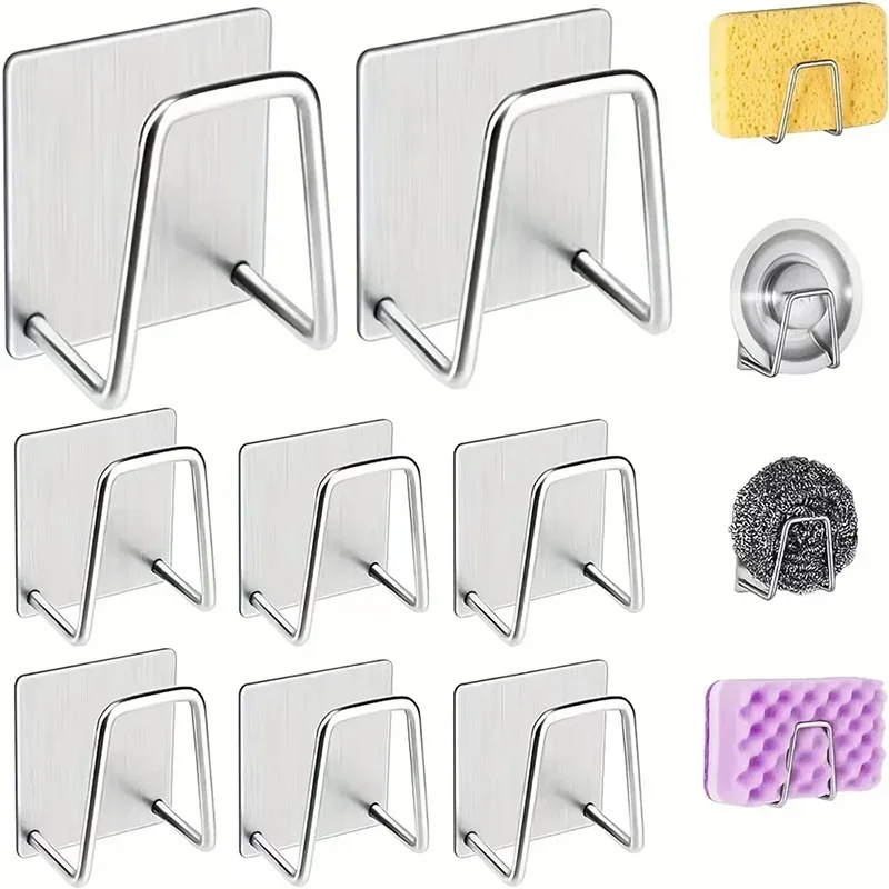 

4/1Pcs Kitchen Sink Sponge Rack Adhesive Sponge Holder Stainless Steel Rag Brush Organizer Wall Hooks for Kitchen Accessories