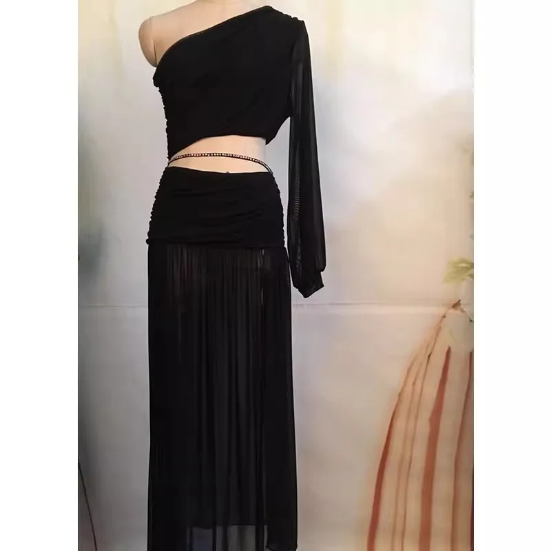 Conjunto de vestido de danza Oriental personalizado para mujer, cómodo hilo de agua, Top con hombros inclinados, falda larga dividida flotante, Ropa de danza del vientre