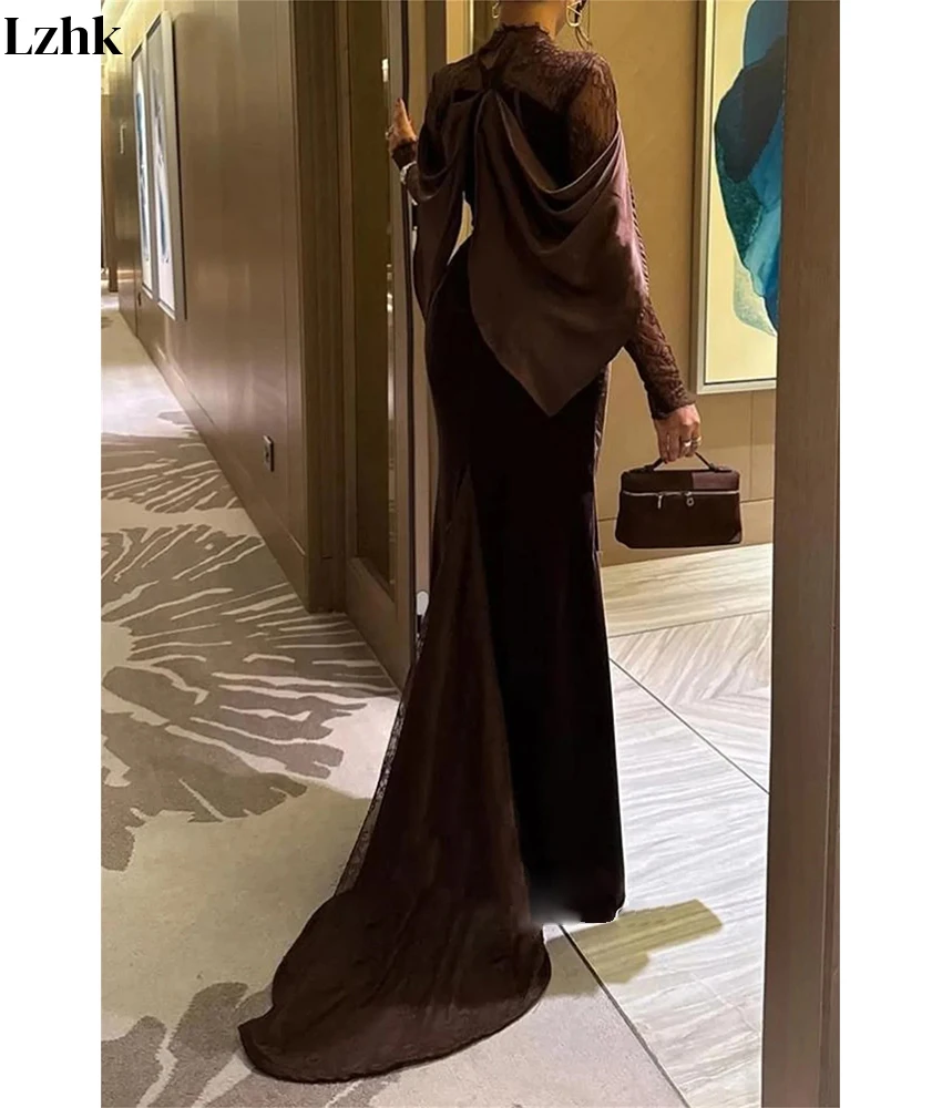 Customized Graceful Velvet Mermaid Lace Evening Dress Temperament High Collar Long Sleeves Floor Length Bespoke Occasion Gowns