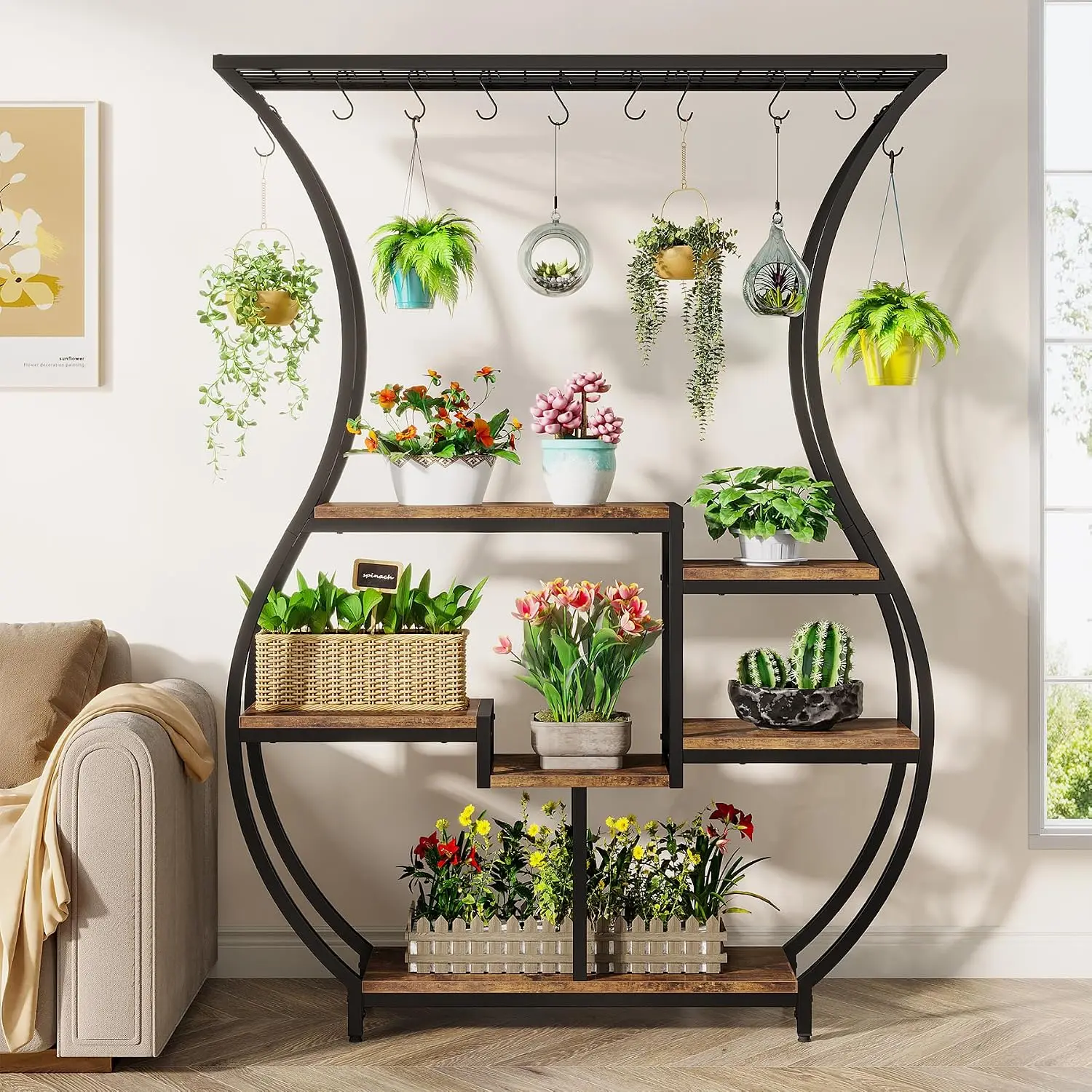 Tall Ladder Plant Stand, 6 Tier Flower Pot Display Shelf With Hanging Hooks For Living Room Balcony Patio, Freestanding Multipurpose Planter Rack Storage Organizer In Rustic Brown And Black, 1 Pack