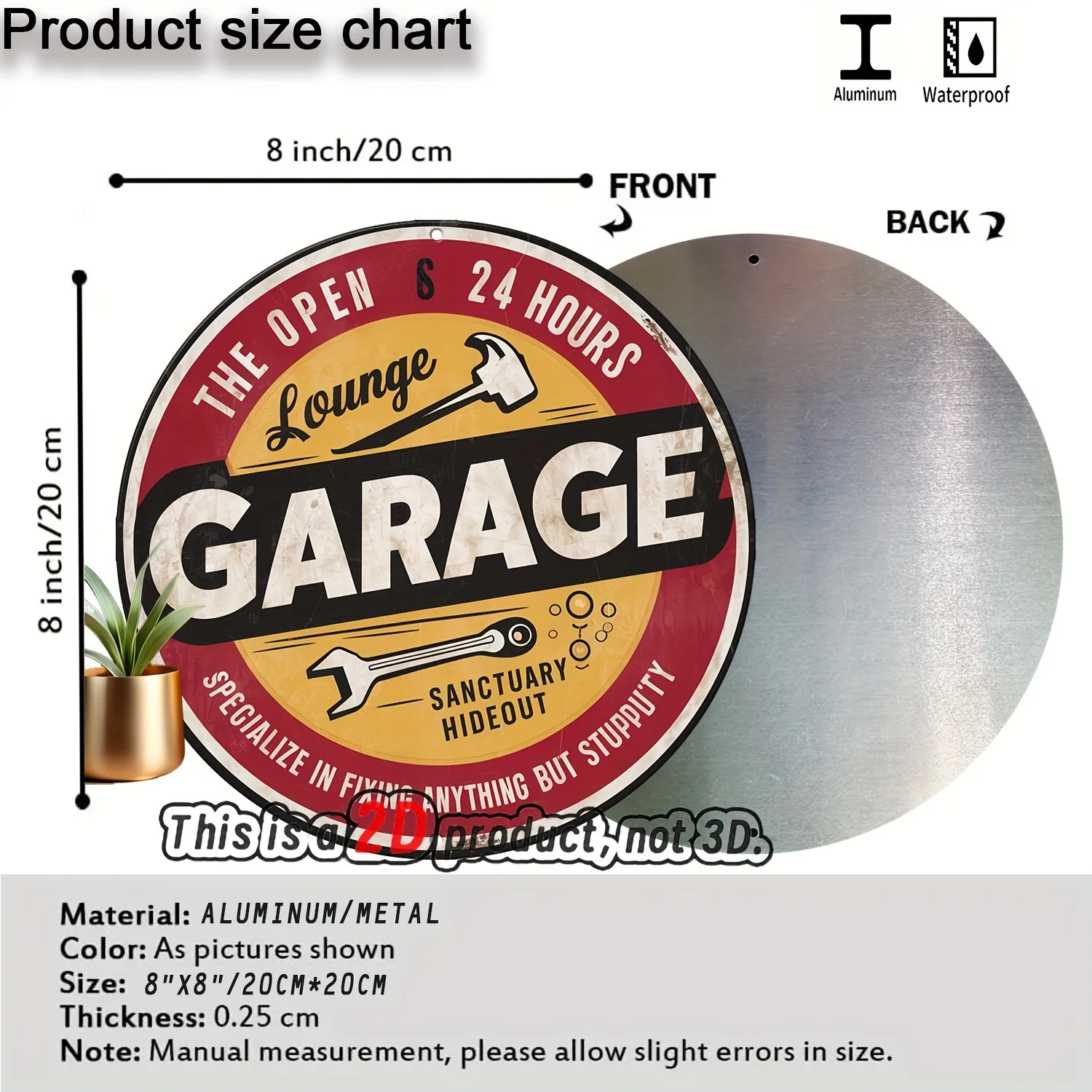 1pc Vintage Round Aluminum Garage Sign 20.32cm x 20.32cm - Retro Wall Art Decor, Open 24 Hours Themed - Ideal for Garage, Restau