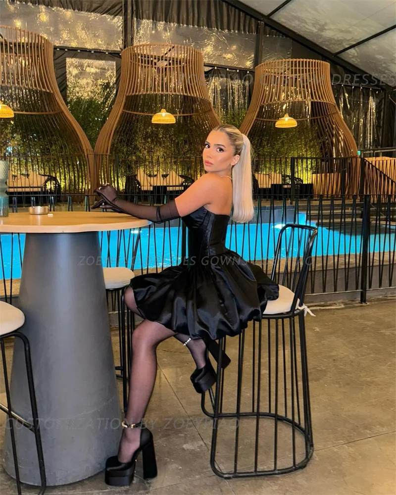 Modern Black Prom Dresses Strapless Long Sleeves Satin Club Birthday Dress Woman Short Corset Back Cocktail Dresses