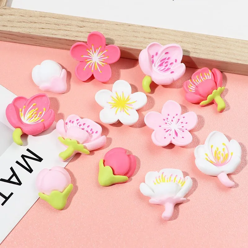 10 Pcs New Cute Kawaii Resin Mini Cartoon Pink Cherry Blossom Flat Back Cabochon Scrapbook DIY Embellishments Charm Accessories