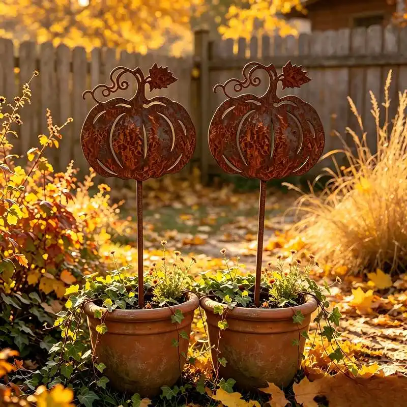 Vintage Iron Pumpkin Garden Stake, Courtyard Vegetable Garden Terrace Autumn Atmosphere Outdoor Decoration Handicraft