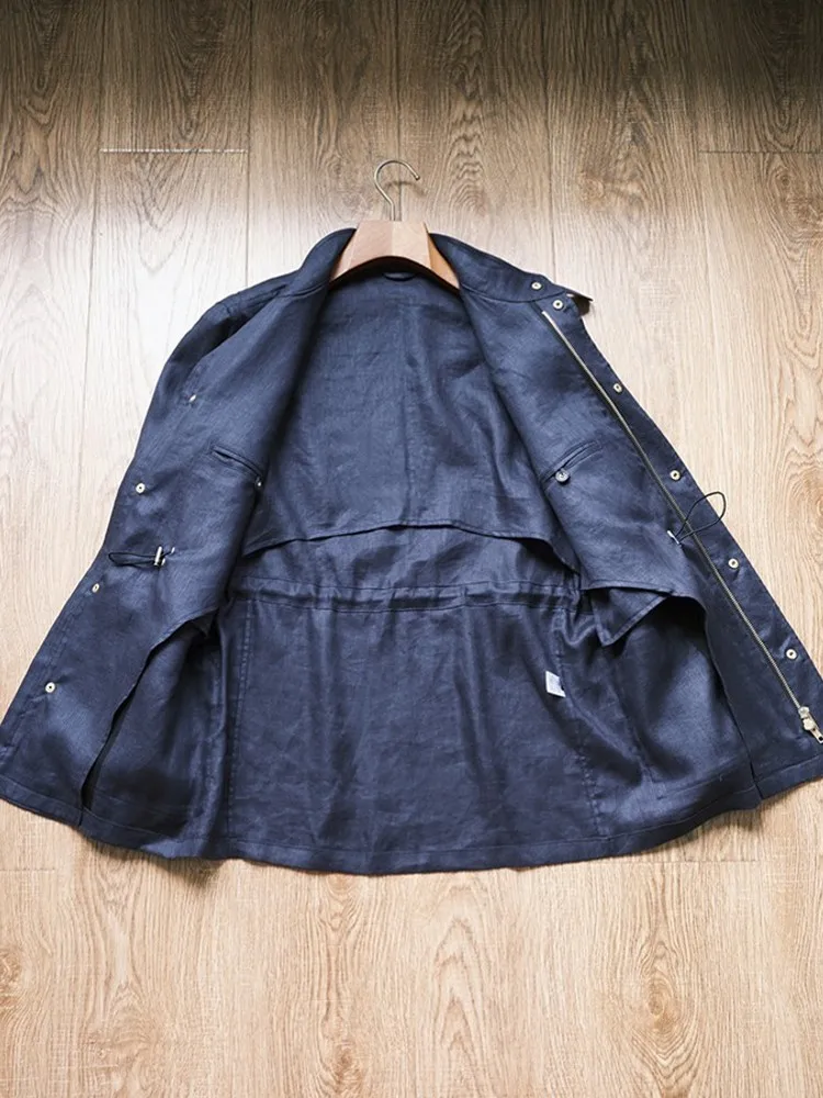 Mens Autumn Retro Multi Pockets Linen Stand Buckle Zipper Casual Designer Business Casual Windbreaker Coats Solid Color Jackets