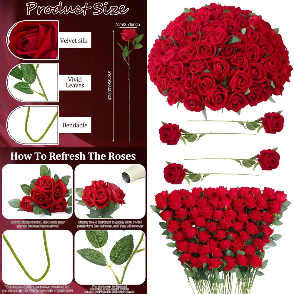 90-Piece Red Velvet Rose Artificial Flowers, 51cm Silk Wedding Silk Roses for DIY Bouquets, Centerpieces, and Home Decor