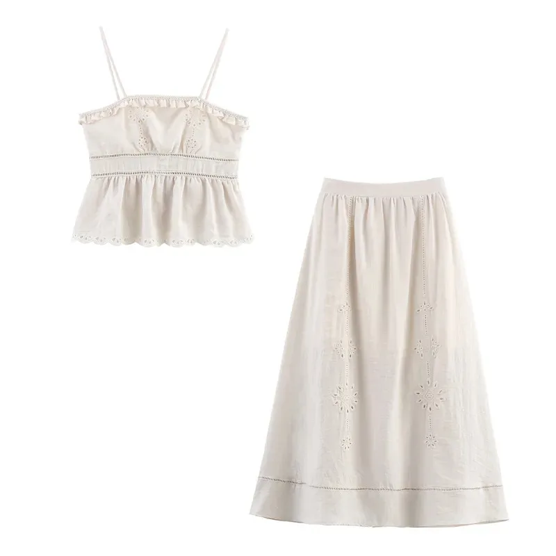 Women's Retro Sleeveless Skirt Suit Hollow Embroidery Short Suspender Top A-Line Elastic Waist Midi Skirt Summer Fashion