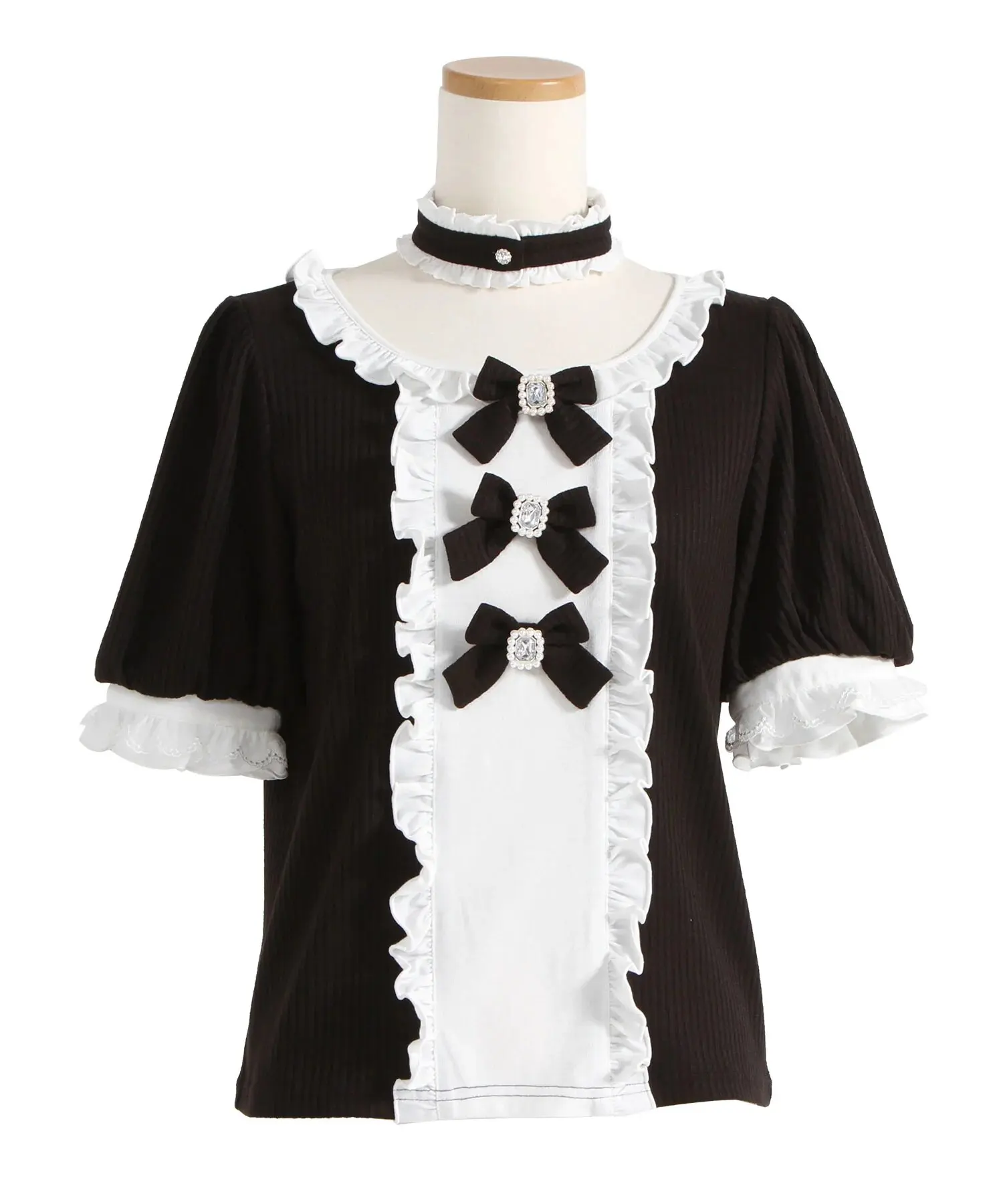 Sweet Lolita Blouse Black White Color Block Short Puff Sleeve Top Ruffle Frill Rhinestone Bow Decor with Choker Gothic T-shirt