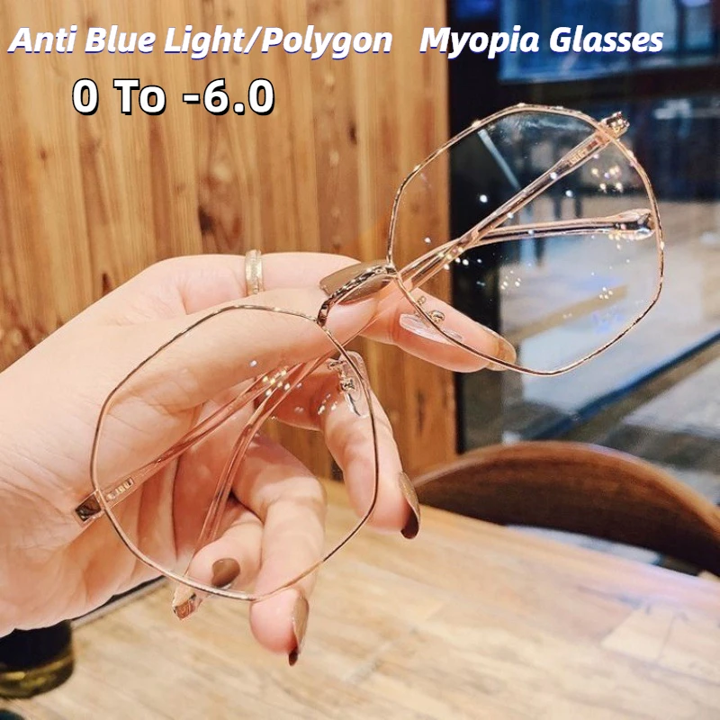 0 To -6.0 Girls' Anti Blue Light Glasses Myopia Glasses Polygonal Large Frame Glasses Neutral Radiation Resistant Glasses