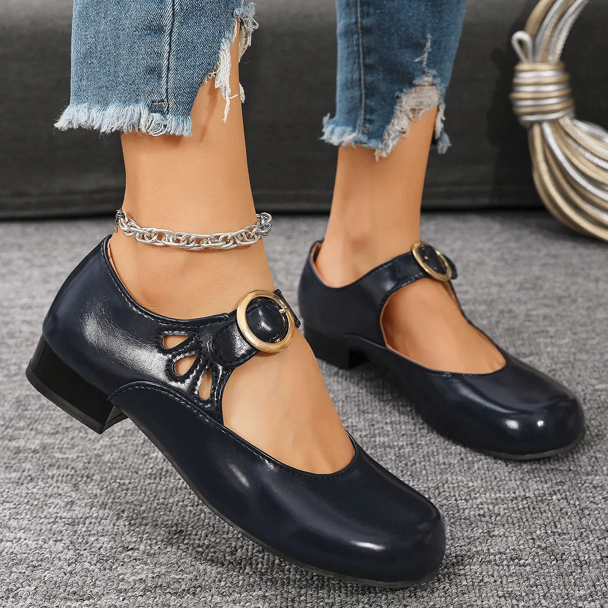 

Fashion Buckle Women's Low-heeled Shoes New Round Toe Pu Leather Mary Jane Shoes Comfortable Square Heel Lolita Women Shoes
