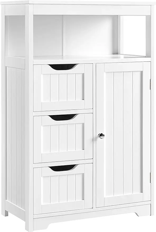 Floor Cabinet Wooden Storage Organizer w/1 Door & 3 Drawers,Free-Standing Cupboard for Kitchen/Living Room/Bathroom, White