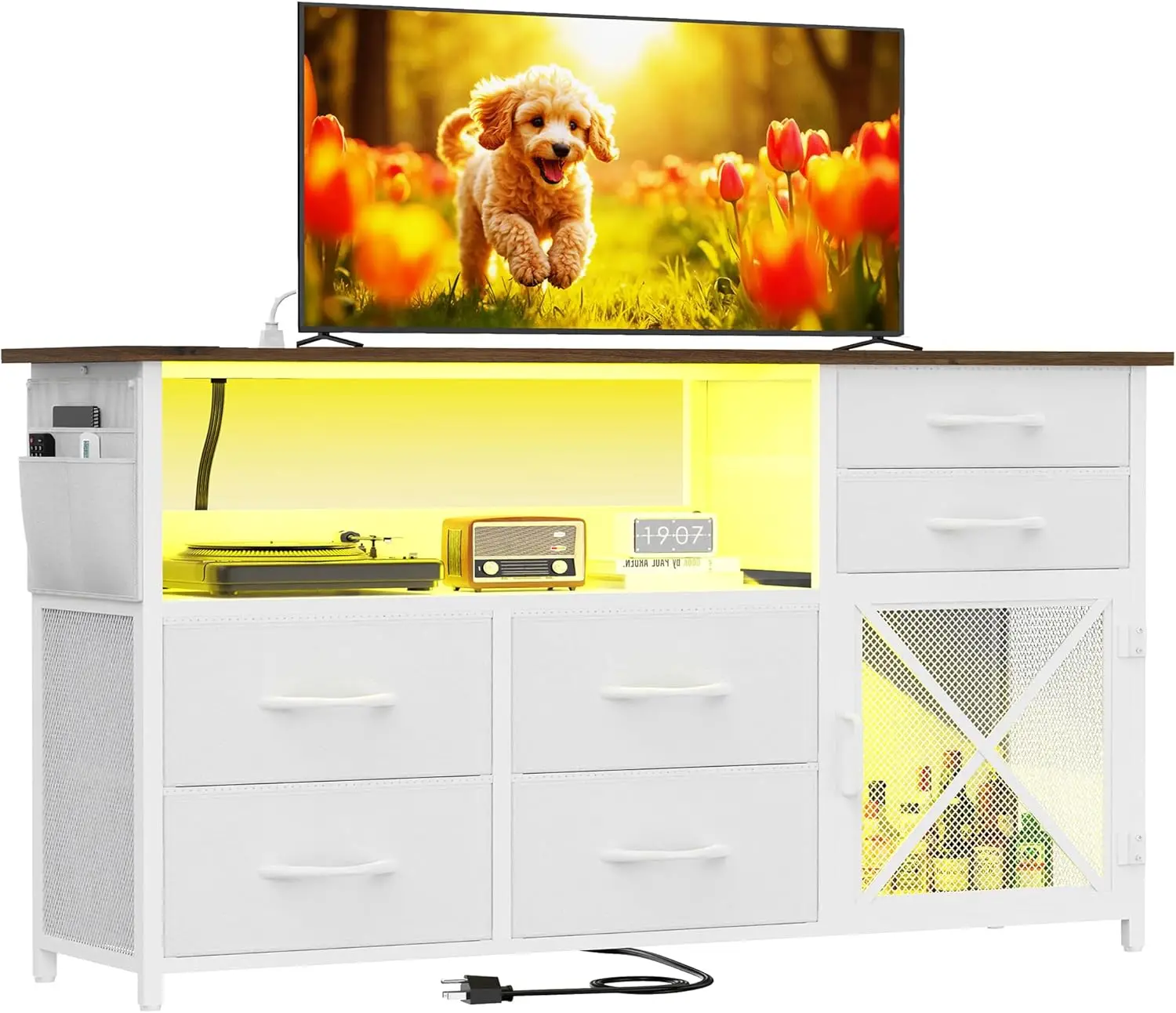

Dresser for Bedroom with LED Lights, TV Stand with Charging Station for 50 inch TV, 6 Drawers Chest with Door and Side Storage