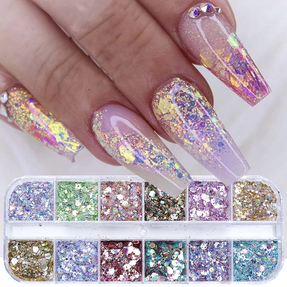 Mirror Iridescent Mixed Hexagon Nail Glitter Sequins Holographic Spangles Flakes Nail Art Powder Gel Polish Manicure Akcesoria