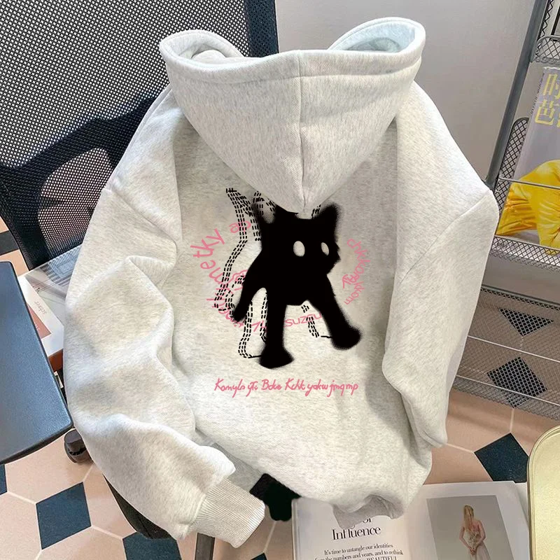 

Cartoon Black Cat Printed Hooded Sweatshirt for Both Men and Women, Oversized Loose Coat for Autumn and Winter