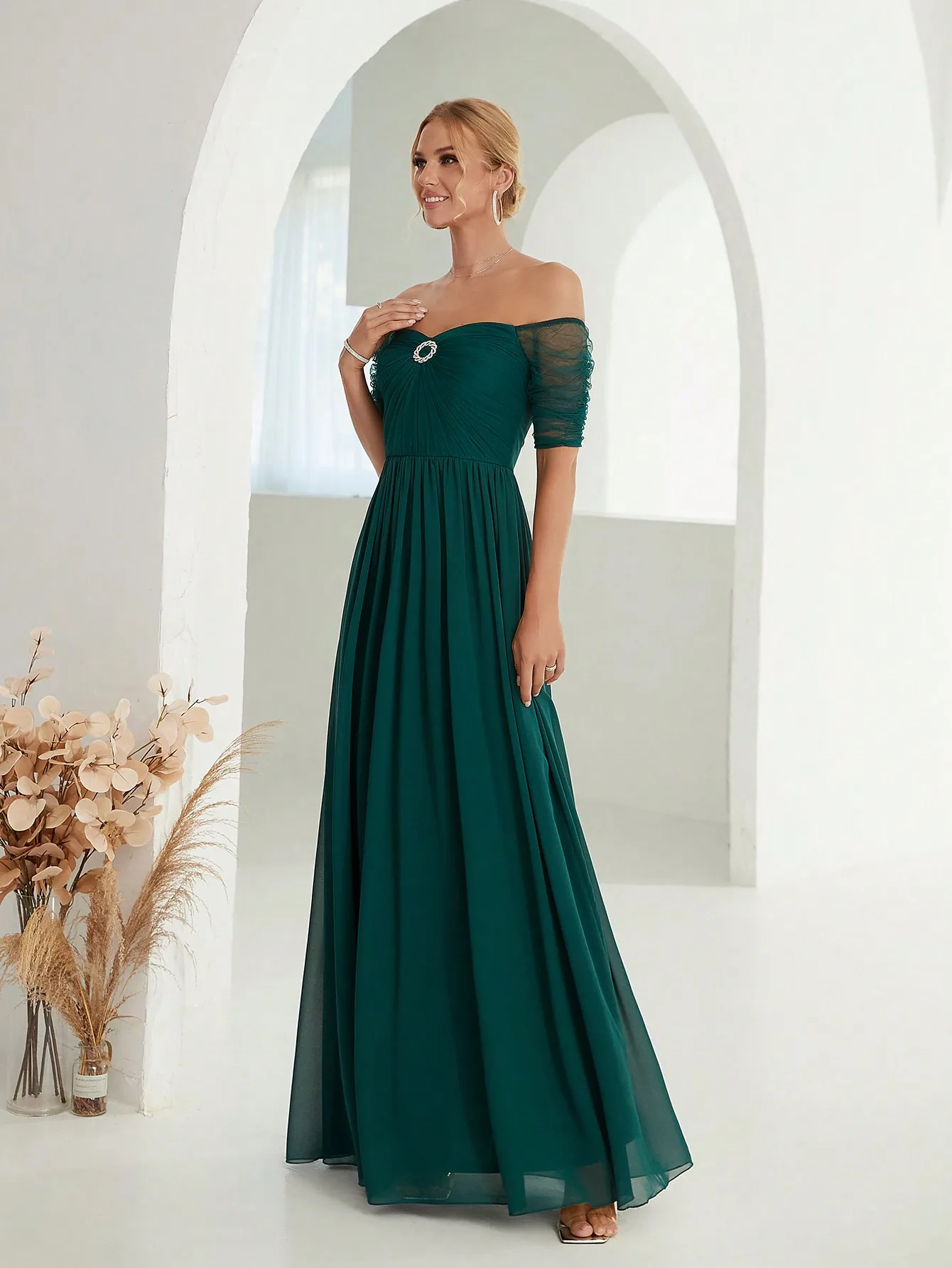 Mgiacy Line neck mesh chest pleated rhinestone embellished chiffon long dress Evening Ball dress Party dress Bridesmaid dress