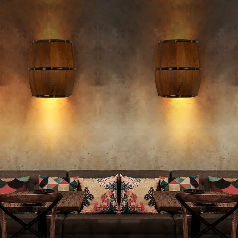 Retro wood barrel wall light fixtures light up and down, E14 indoor wall light for bar stairs fireplace area steampunk theme