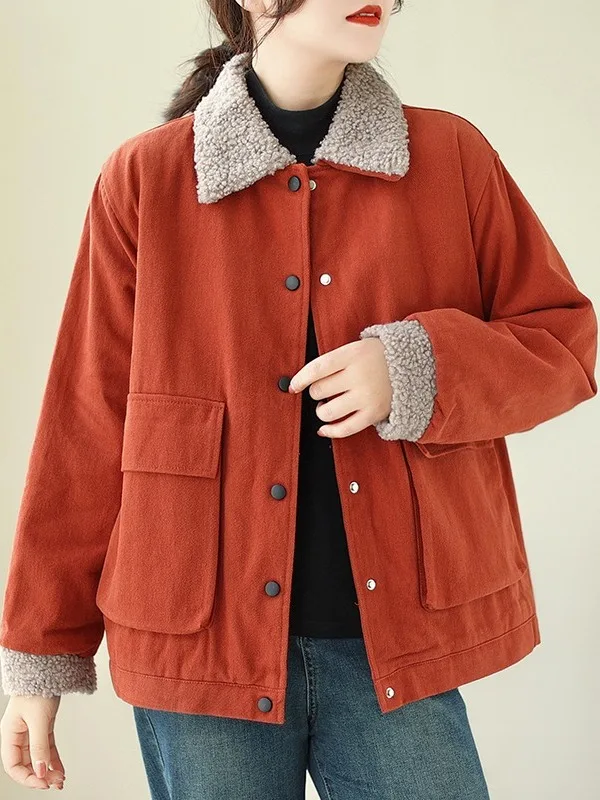 

Lamb Fur Collar Fce Lined Casual Winter Coat Women Loose Versatile Warm Cotton Jaet 2025 Autumn Winter New Arrival
