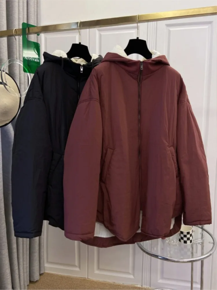 Autumn Winter Hooded Cotton Jacket Women Loose Casual Warm Filled Woman Coat Long Sleeve  Zipper Mid-Length Ladies Jackets