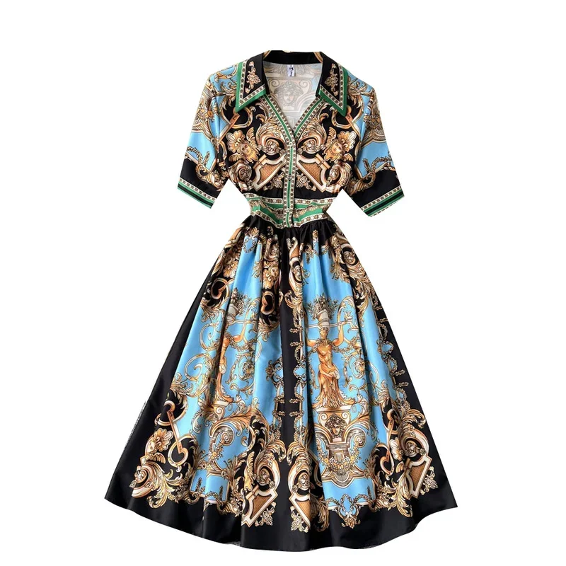 Neploe 2024 Summer New Palace Vintage Printed V-neck Dress Slim Foreign Style Light Luxury Large Swing A-line Dress