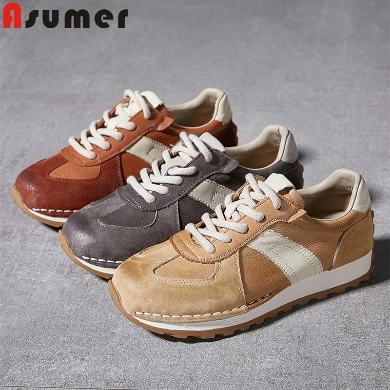

Женские кроссовки ASUMER из натуральной кожи на шнуровке, весенне-осенние массивные кроссовки на платформе, разноцветные, модные повседневные туфли на плоской подошве
