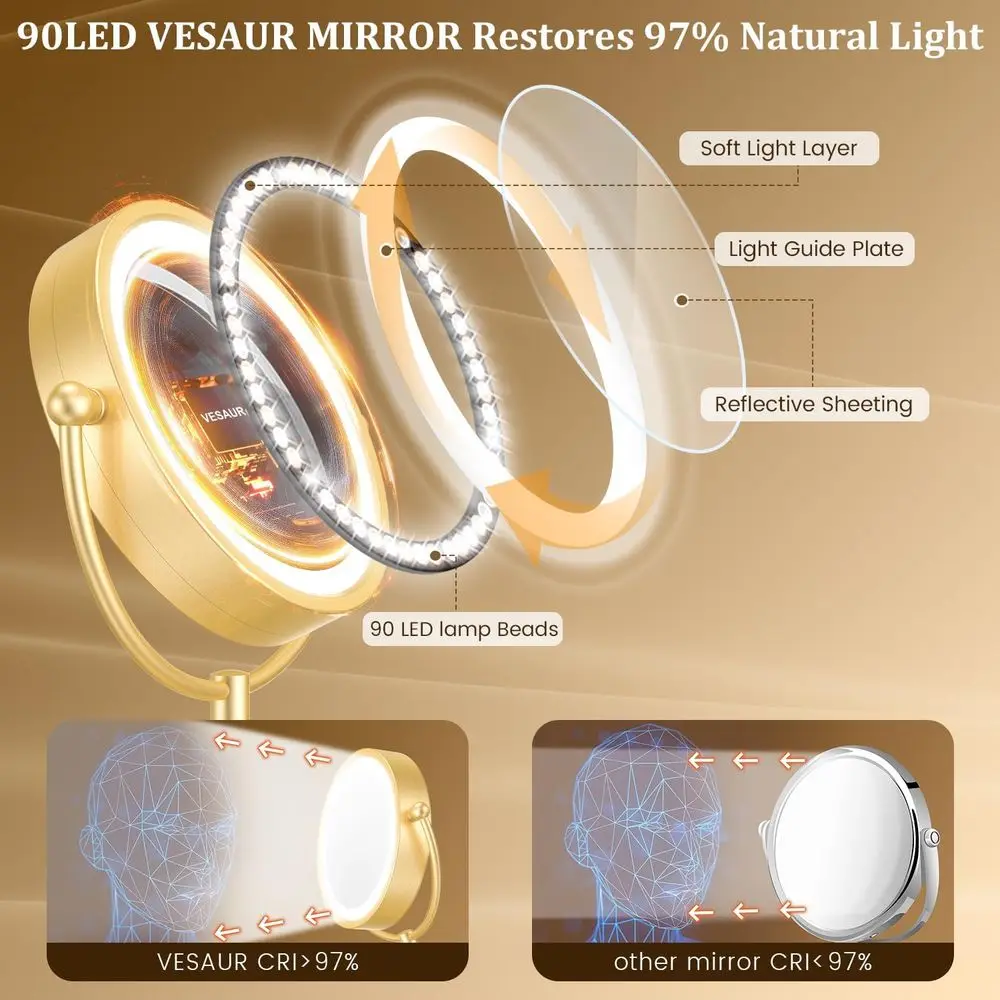 Miroir de maquillage LED double face doré 1X/10X de 8,5 pouces avec éclairage réglable et 360 °   Base pivotante