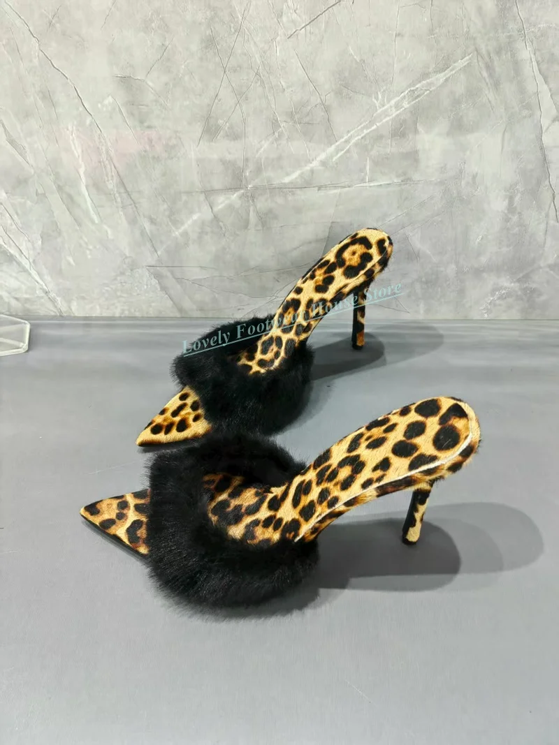 

Sexy Leopard Print Woman Thin High Heel Sandal Slippers Female Black Fur Decoration Pointed Toe Party Mules Shoes