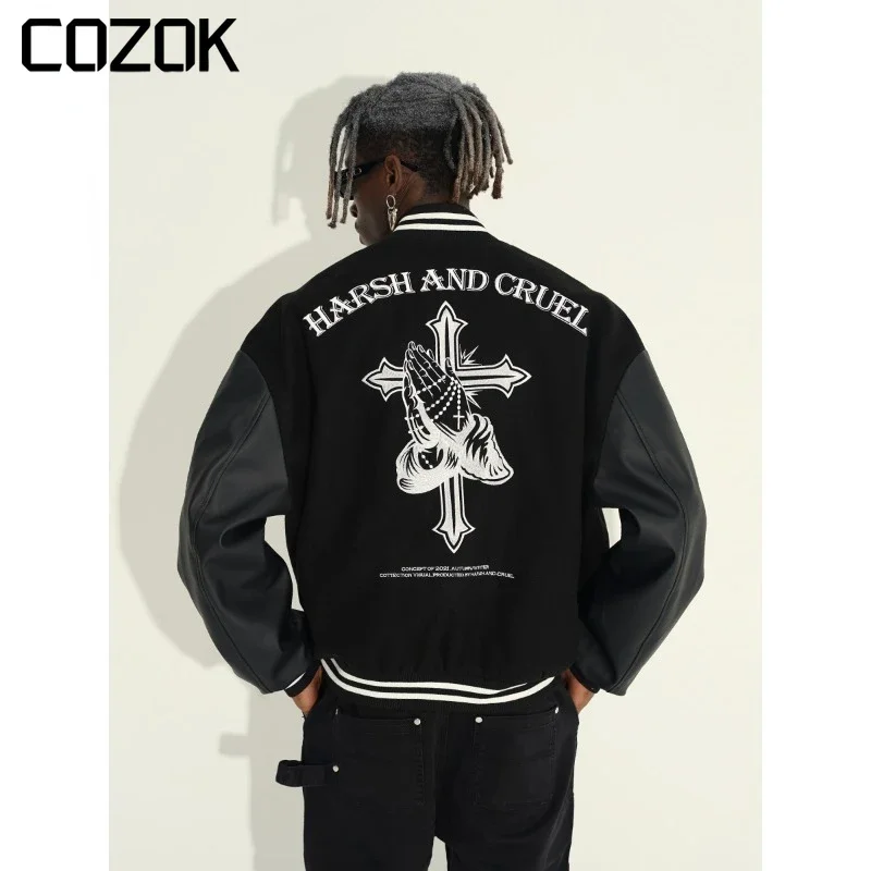 

Baseball Jacket Men 2023 Patchwork Cross Letter Embroidery Leather Sleeve Patchwork Varsity Jackets Loose College Coat Autumn