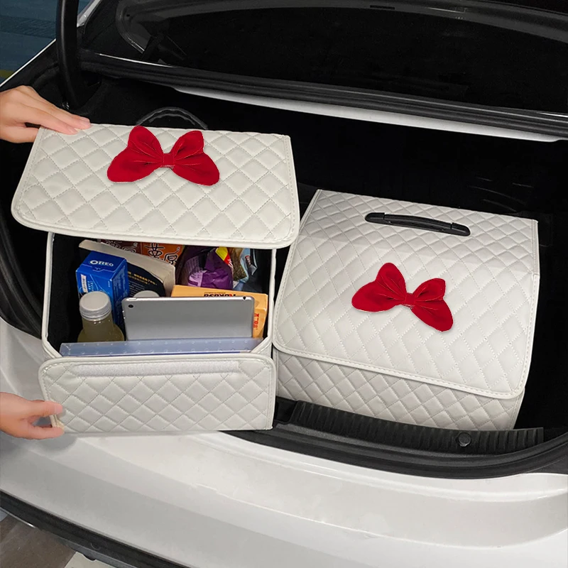 Red Bowknot Car Storage Box White PU Leather Waterproof Car Trunk Organizer Large Capacity Women's Auto Tools Stowing Tidying