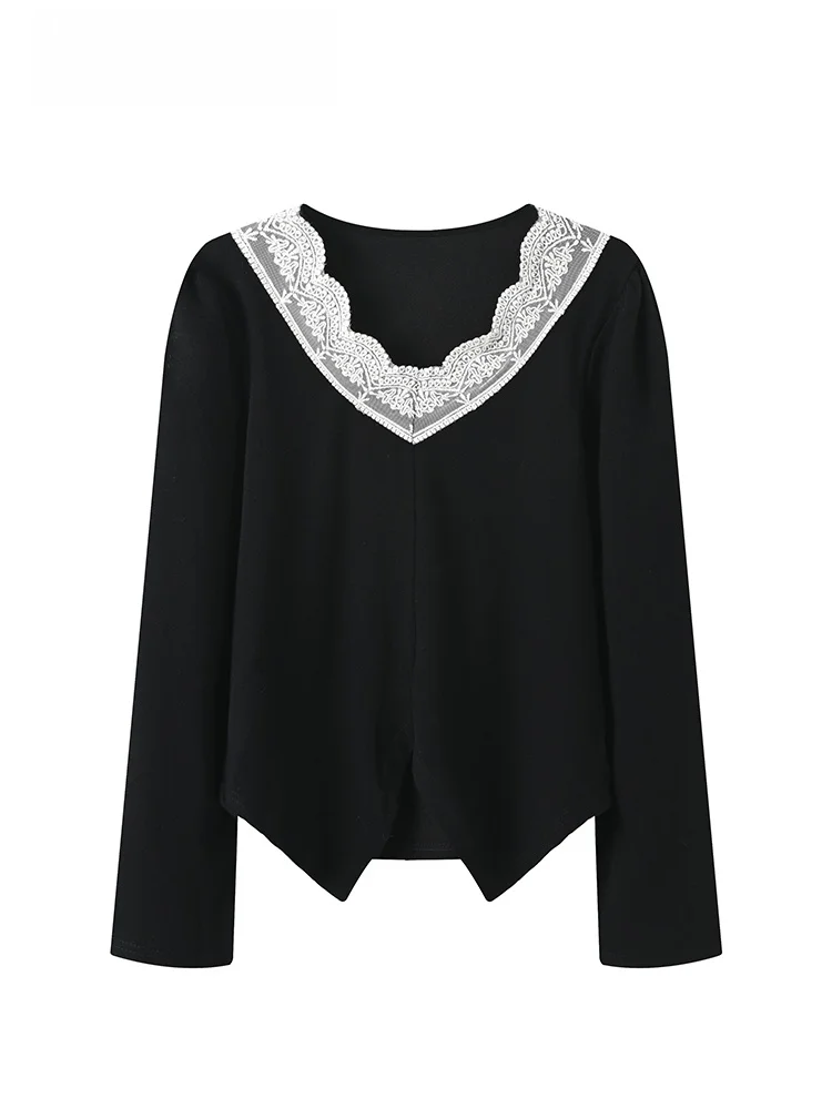 

Loose V-Ne Long Sve T-irt Women's plus Size Early Spring New Sle Lace Splicing Casual Comfortable Polyester Fiber