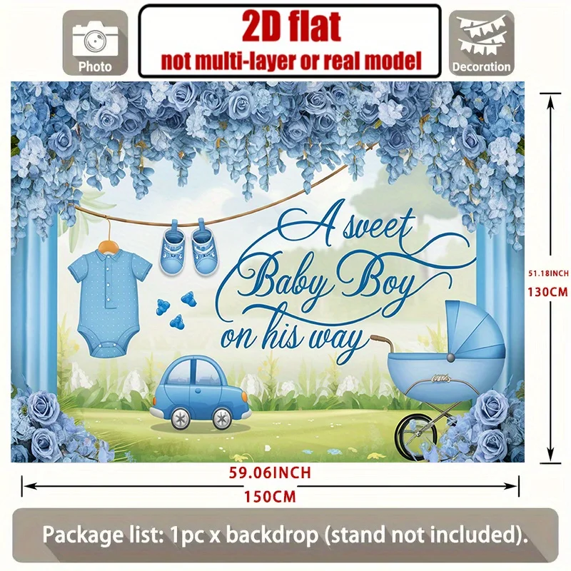 Blue Floral Baby Boy Shower Clothesline Stroller 2DFlat Tapestry Backdrop For Nursery Decor Newborn Party Wall Hanging Art Print