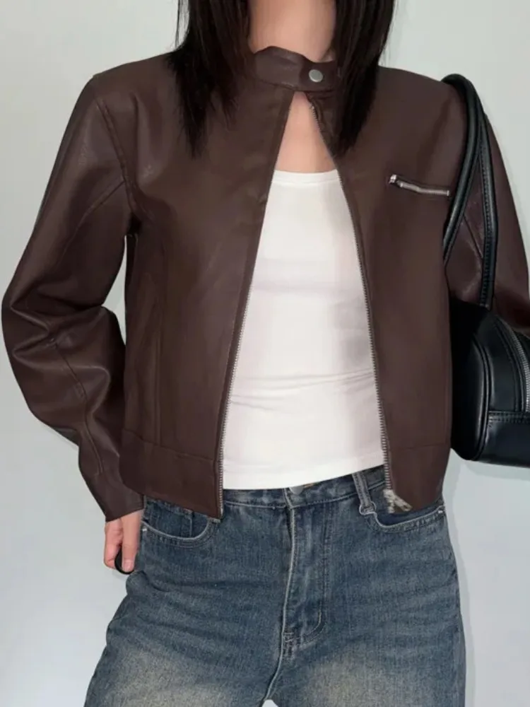 معطف Sli Retro Biker Leather Jaet Long Sve f بياقة عالية وسحاب متعدد الاستخدامات وياقة واقفة للدراجات النارية للنساء #4