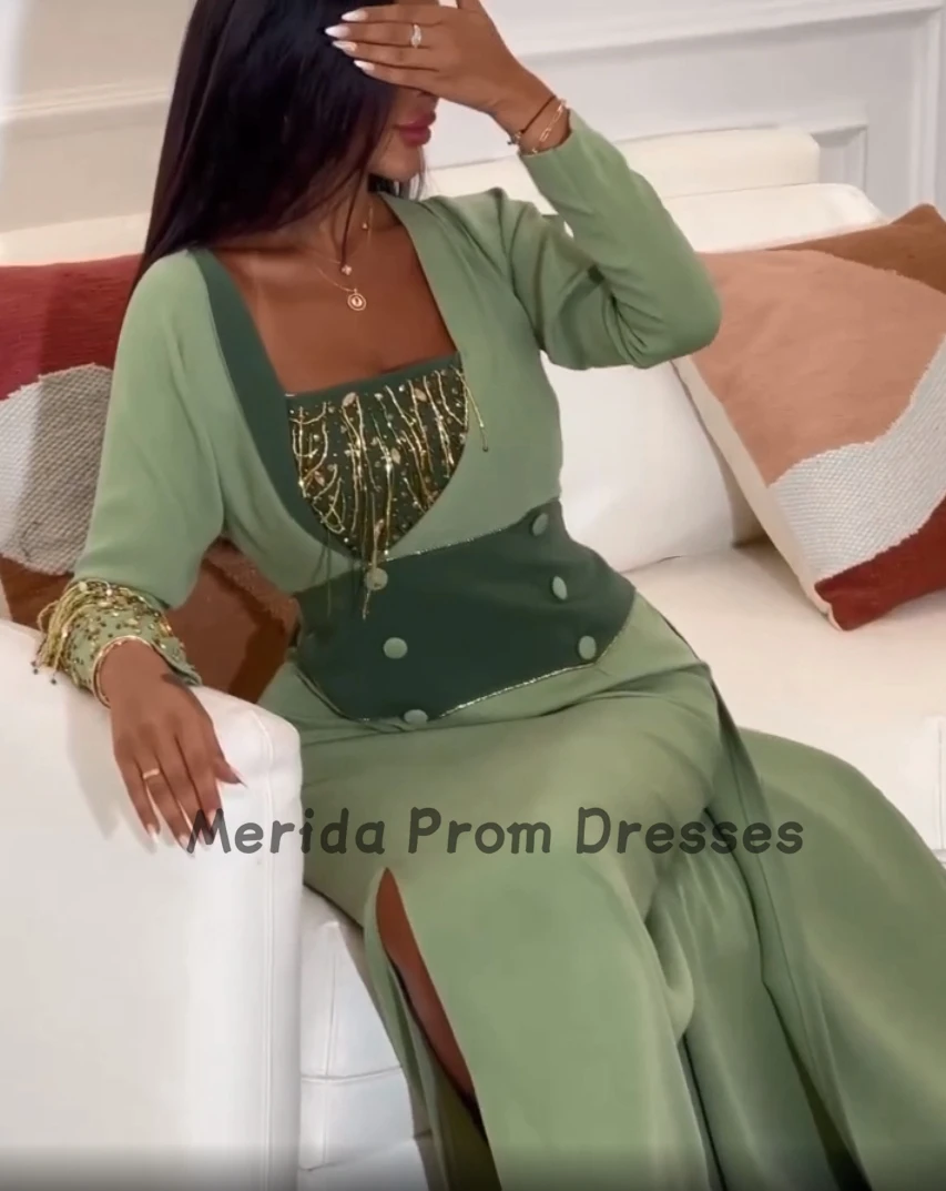 

Gold Beads Green Evening Dresses Long Sleeves Buttons Side Split 2024 New Design Elegant Prom Dresses Formal Party Gown