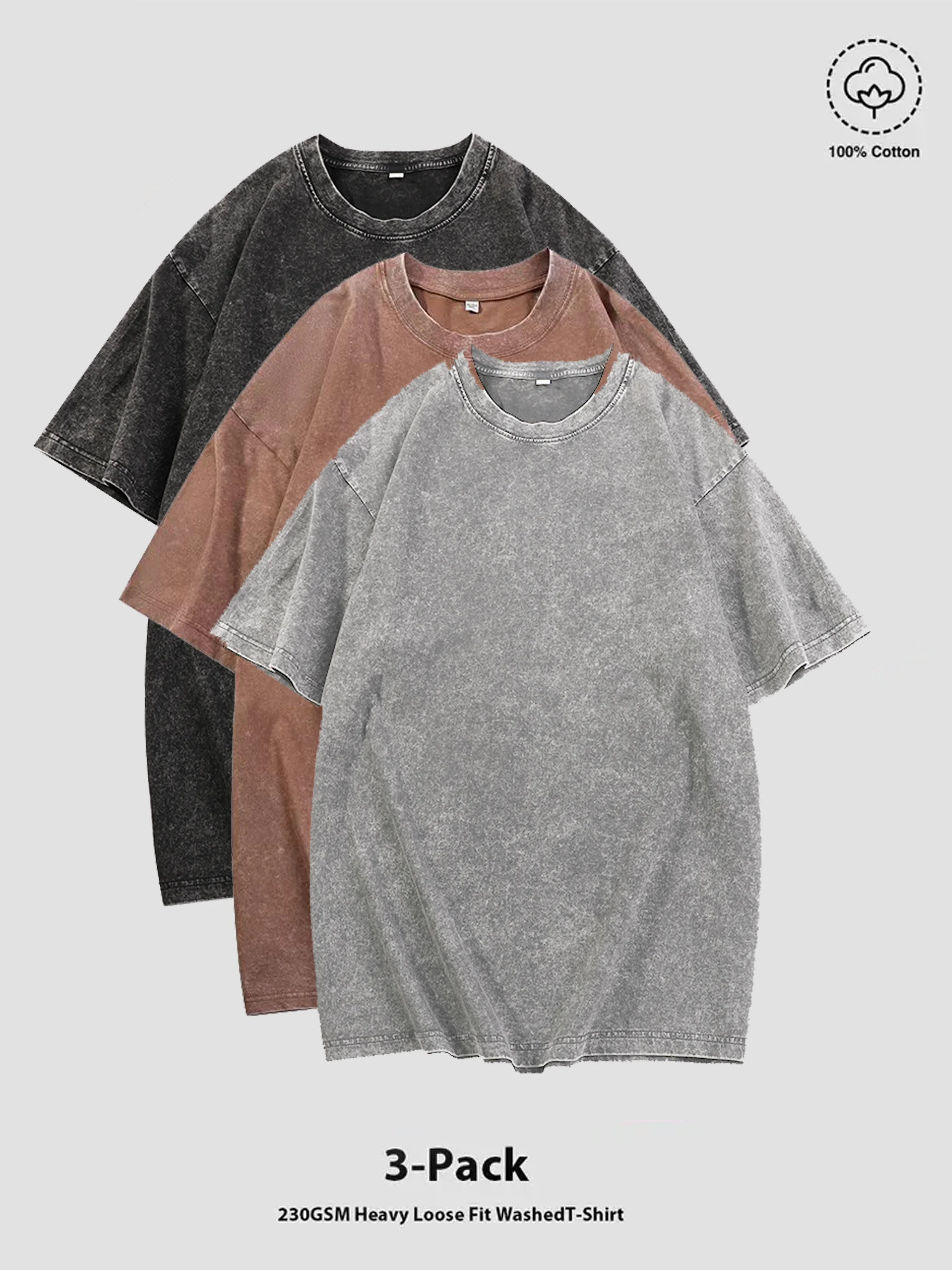 

3-Piece Set 100% Cotton Loose-fit Retro Washed Top (Sports & Casual T-shirt) Suitable as gifts for various festivals