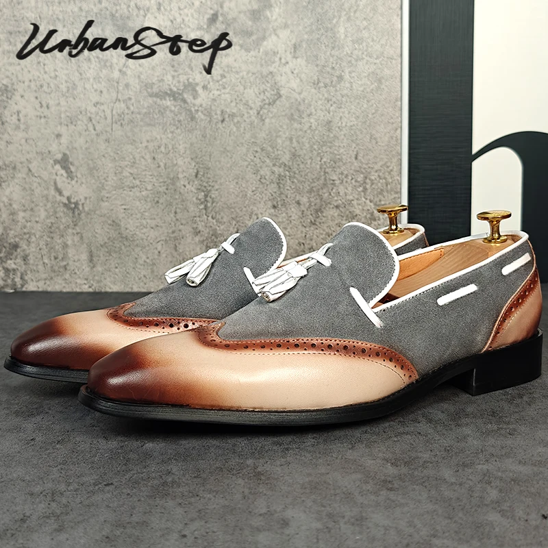 Handmade Italian Luxury Men's Shoesa Apricot Wingtip Slip-On Casual Mens Dress Shoes Wedding Office Genuine Leather Loafers Men