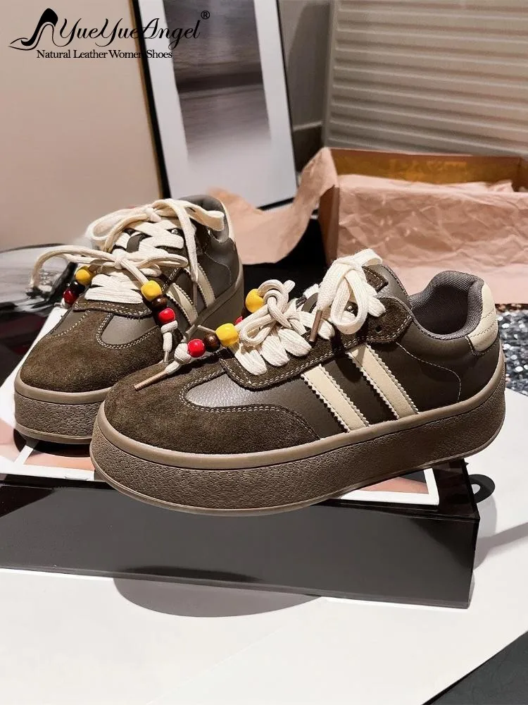 

Модные туфли-лодочки на платформе из натуральной кожи с бусинами в стиле отдыха, разноцветные женские туфли на среднем каблуке из коровьей замши с круглым носком и перекрестной завязкой