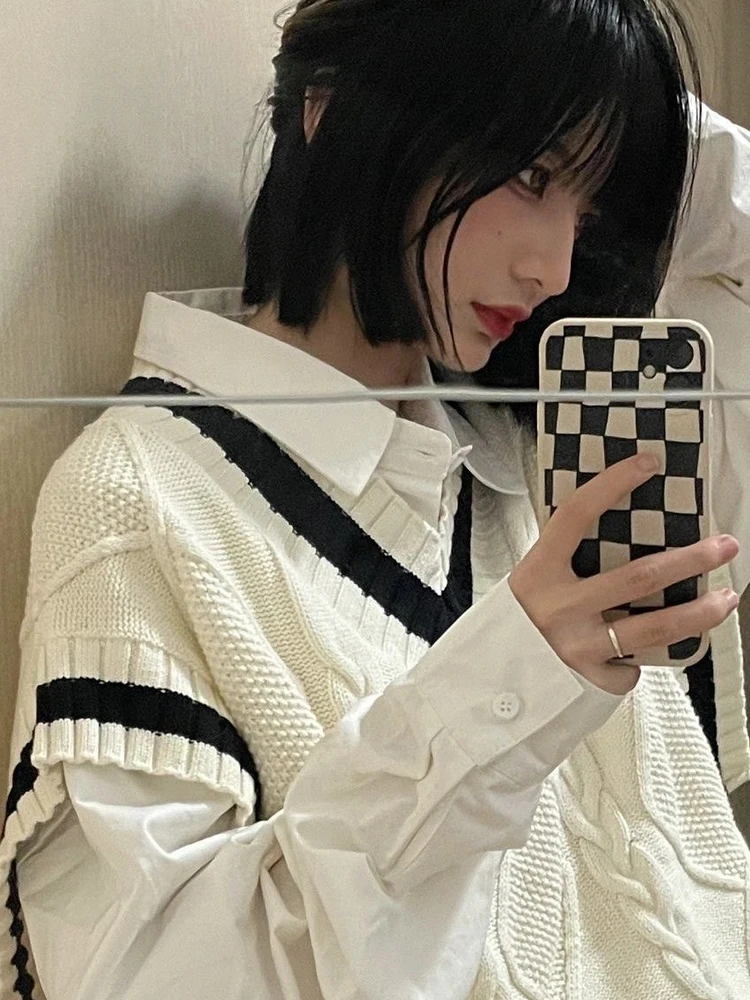 

Большие размеры, осенне-зимний вязаный свитер с v-образным вырезом, комплект жилетов, модный многослойный топ Jaet, комбинированный прямой крой, пуговицы, теплые детали