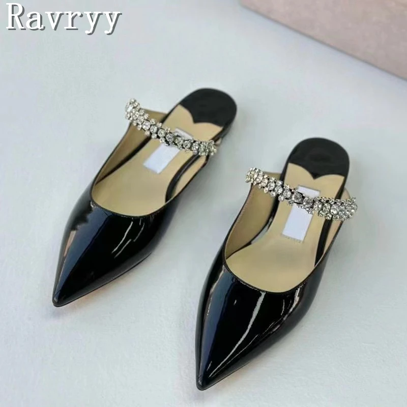 Luxury Pointed Toe Crystal Embellished Slippers Women Flat Bottomed Shallow Patent Leather Muller Summer New High Heel Sandals