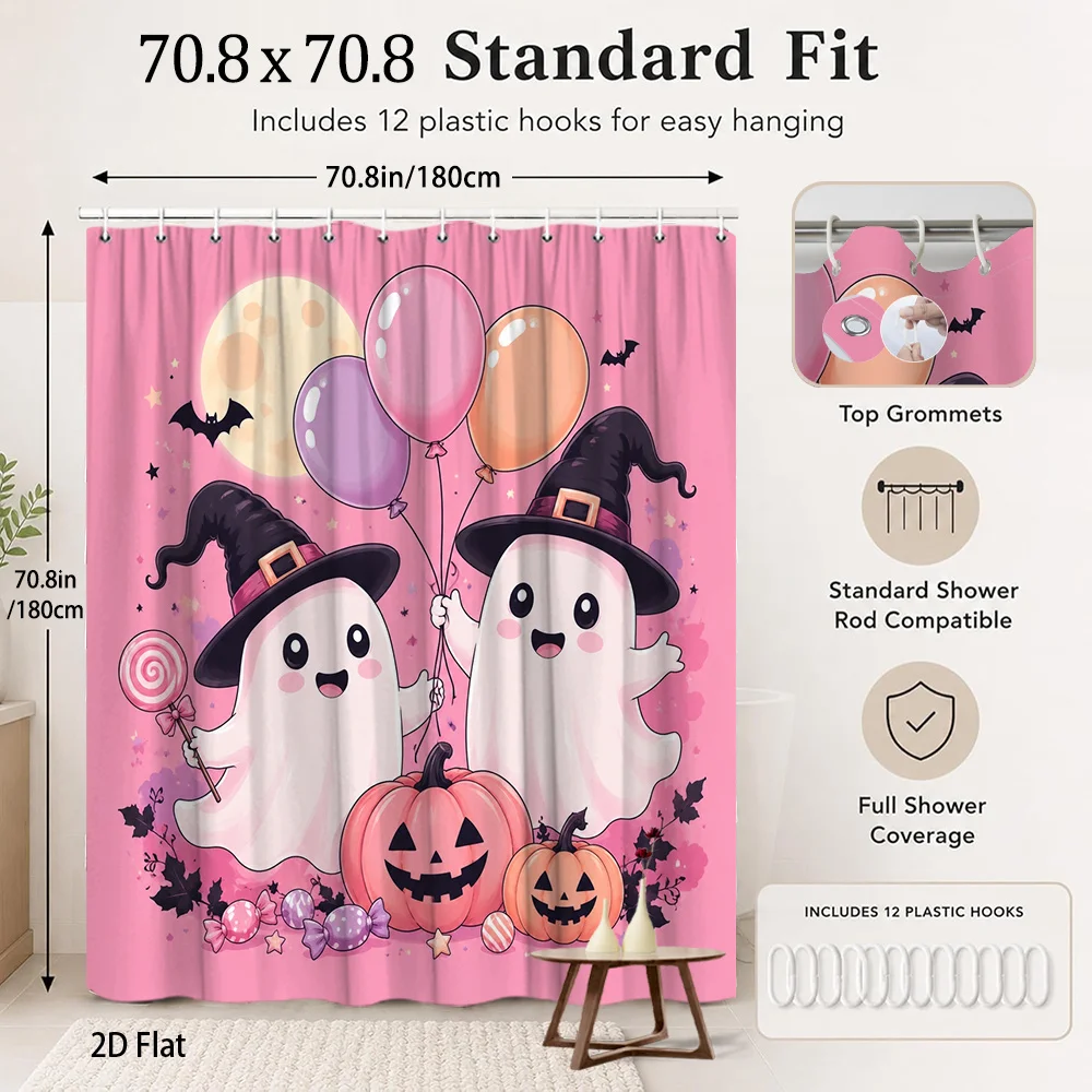 1pc Halloween Cute Pink Ghost Witch Hat Pumpkin Balloon Lollipop Jack O Lantern Shower Curtain Cartoon Spooky Pink Pastel Style